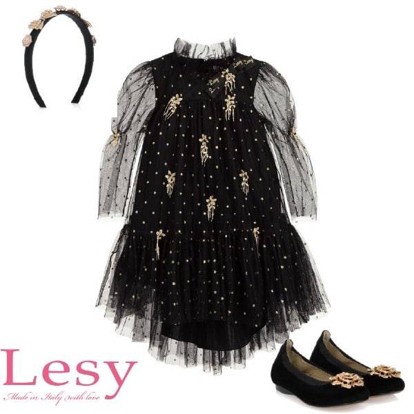 Lesy Girls Black & Gold Tulle Special Occasion Dress