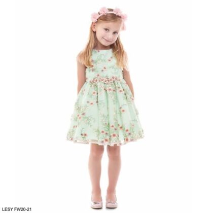 Lesy Girls Green Flower Embroidered Tulle Party Dress