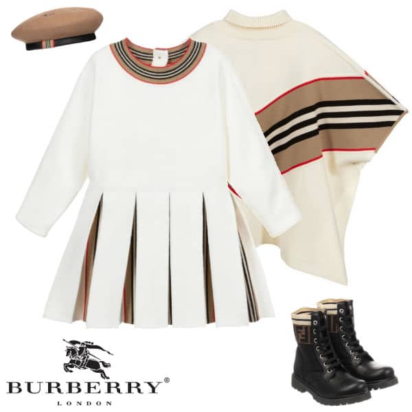 Stormi Webster Burberry White Wool Pleated Beige Stripe Dress Ivory Poncho