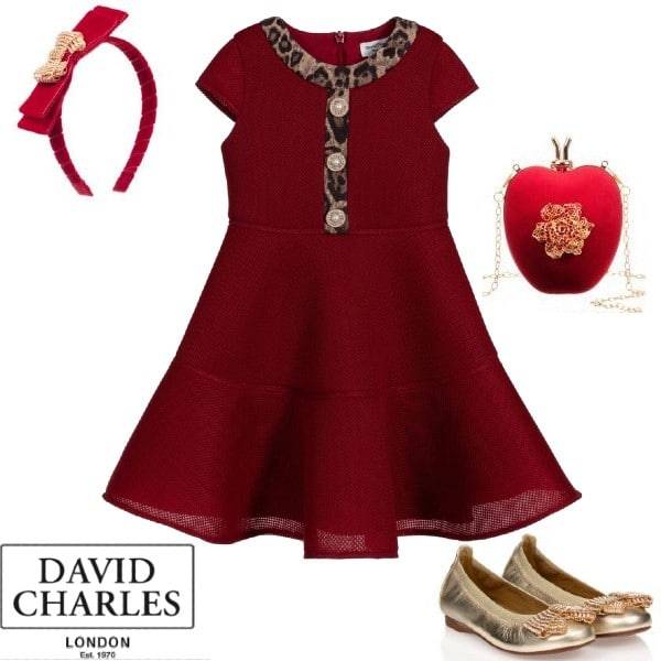 David Charles Girls Red Neoprene Leopard Trim Party Dress Gold Shoes Headband Purse
