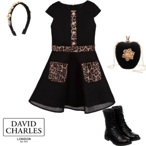 David Charles London Girls Black Neoprene Leopard Trim Party Dress Black Boots Headband