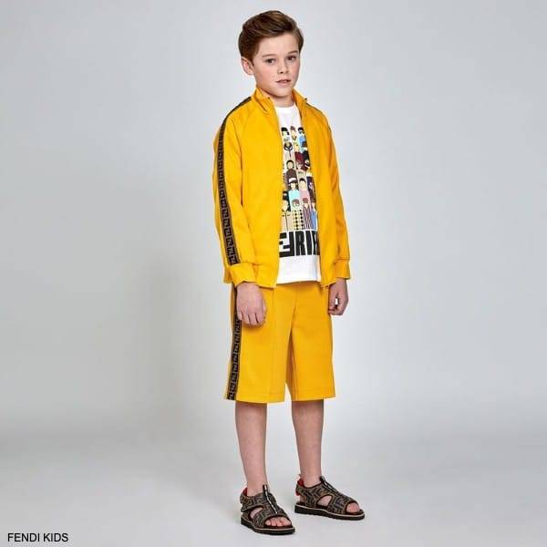 Fendi Kids Boys Yellow FF Brown Logo Tracksuit Jacket Shorts