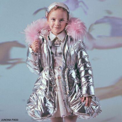 Junona Kids Girls Metallic Silver Down Puffer Coat Pink Fur Collar Silver Unicorn Dress