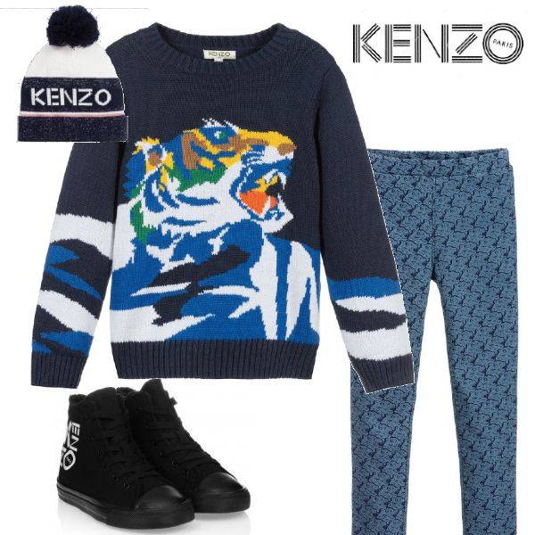 Kenzo Kids Boys Blue Knitted Tiger Sweater Blue Tiger Logo Pants Knit Hat