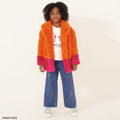 Kenzo Kids Girls Orange Pink Lima Fur Coat Blue Tiger Embroidered Flare Jeans