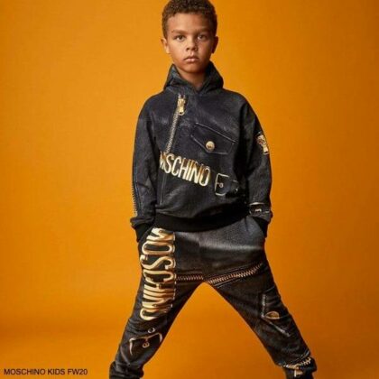 Moschino Kids Boys Black Gold Zipped Leather Logo Hooded Sweatshirt Jogger Pants