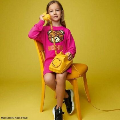 Moschino Kids Girls Fuchsia Pink Teddy Bear Tiger Print Logo Sweatshirt Dress