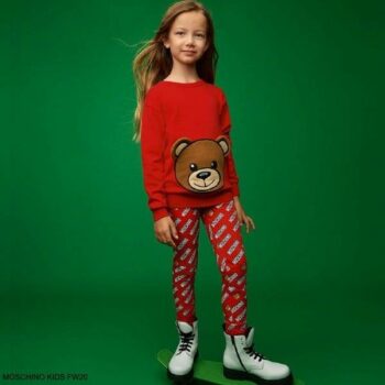 Moschino Kids Girls Red Teddy Bear Sweatshirt Red Logo Print Leggings