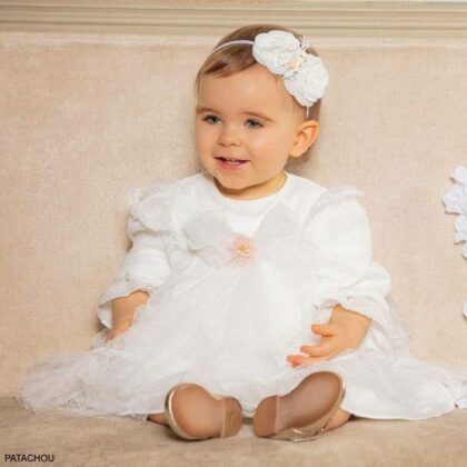 Patachou Baby Girl White Tulle Bow & Lace Special Occasion Dress