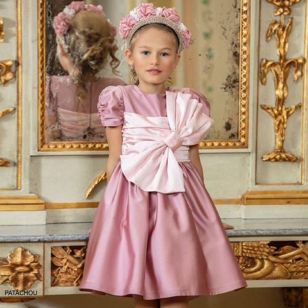 Patachou Kids Girls Pink Satin Bow Special Occasion Dress