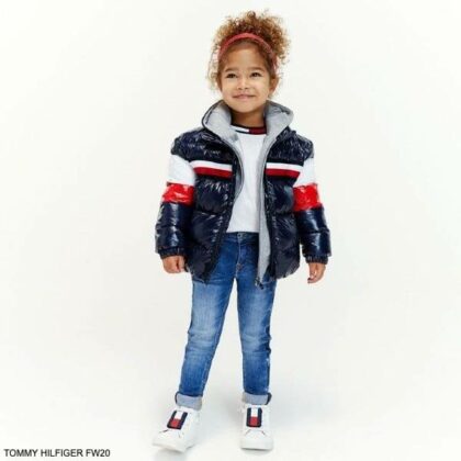 Tommy Hilfiger Kids Girl Blue Red White Logo Puffer Jacket White Leather Sneakers