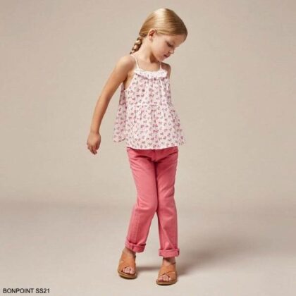 Bonpoint Girls White & Pink Sleeveless Floral Swiss Dot Blouse Pink Pants