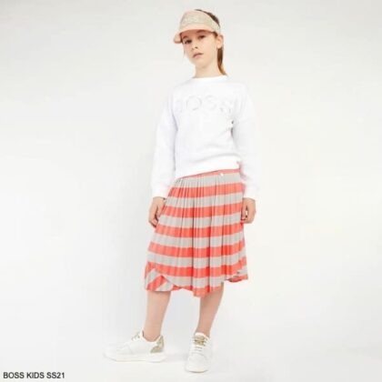 Boss Kids Girls White Logo Sweatshirt Orange Beige Mini Me Stripe Skirt