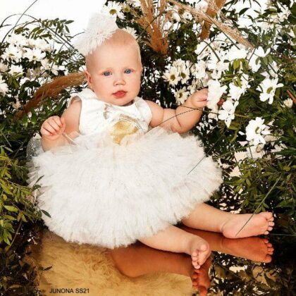 Junona Baby Girl Ivory Gold Butterfly Print Puff Ball Special Occasion Dress