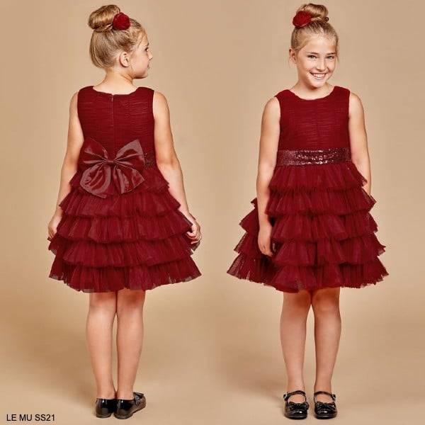 Le Me Girls Burgundy Red Tulle Tiered Sequin Bow Party Dress