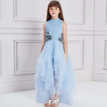 Le Mu Girls Blue Tulle Silver Flower Long Special Occasion Dress