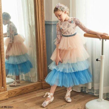 Le Mu Girls Flower Tiered Pink Blue Tulle Party Dress