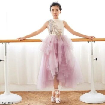 Le Mu Girls Pink Satin Tulle Gold Blue Embroidery Dress