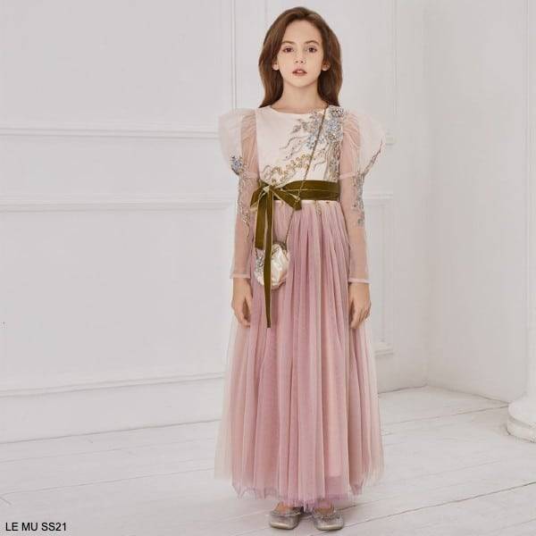 Le Mu Girls Pink Tulle Blue Flower Sheer Sleeve Long Special Occasion Dress