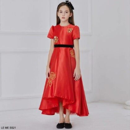 Le Mu Girls Red Gold Flower Embroidered Sequin Satin Party Dress