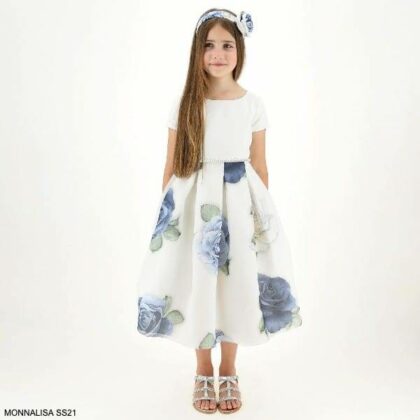 Monnalisa Girls ivory Blue Rose Floral Organza Bell Skirt Special Occasion Dress