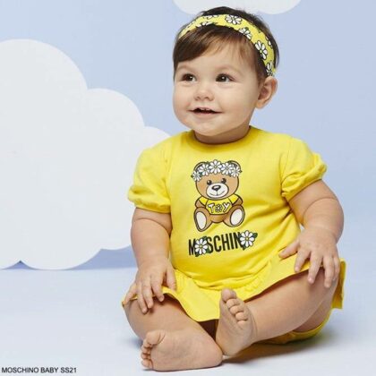 Moschino Baby Girls Yellow Teddy Bear Toy Sparkly White Daisy Logo Dress