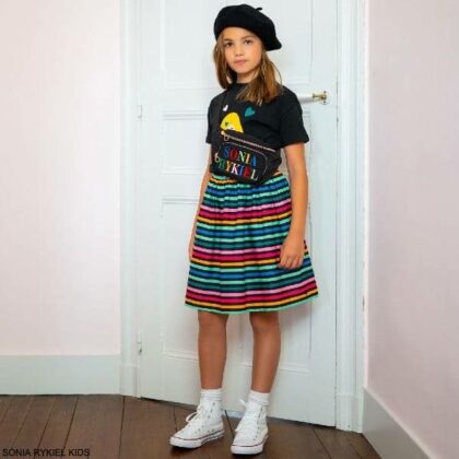 Sonia Rykiel Paris Girls Black Colorful Girl T-Shirt Multi Color Stripe Skirt