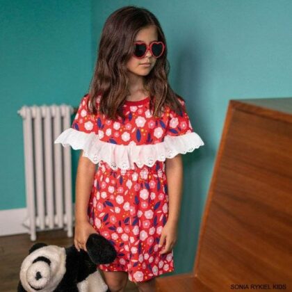 Sonia Rykiel Paris Girls Red Floral Print Broderie Anglaise Ruffle Dress