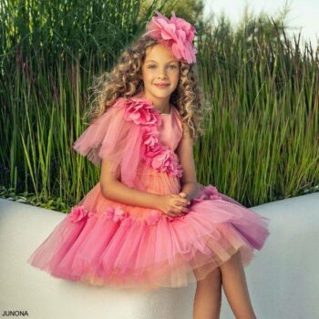 Junona Girls Pink Ombre Tulle Chiffon Petal Trim Special Occasion Dress