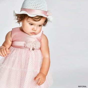 Mayoral Baby Girls Pink Satin Gold Dotted Tulle Flower Party Dress
