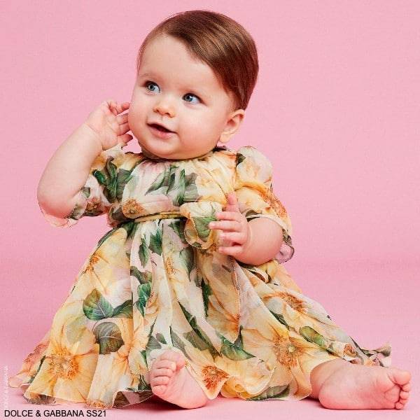 Dolce Gabbana Baby Girl Yellow Silk Camellia Floral Print Dress Set