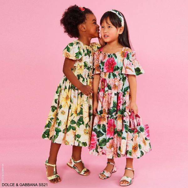 Dolce Gabbana Girls Mini-Me Yellow Pink Camellia Floral Print Dress