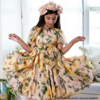 Dolce Gabbana Girls Mini-Me Yellow Silk Camellia Floral Print Dres