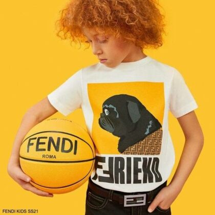 Fendi Kids Boys White Yellow FF Friend Bulldog T-shirt