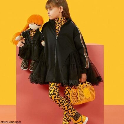 Fendi Kids Girls Black FF Logo Lace Trim Zip Up Dress Orange Leopard Print Shirt Leggings