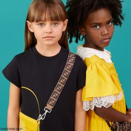 Fendi Kids Girls Black Trompe L'oeil Yellow FF Logo Baguette Bag Dress