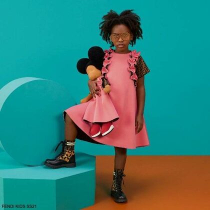 Fendi Kids Girls Dark Pink & Brown FF Logo Ruffle Dress