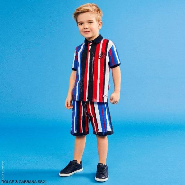 Dolce Gabbana Boys Mini Me Blue Red Black Striped Polo Shirt Bermuda Shorts