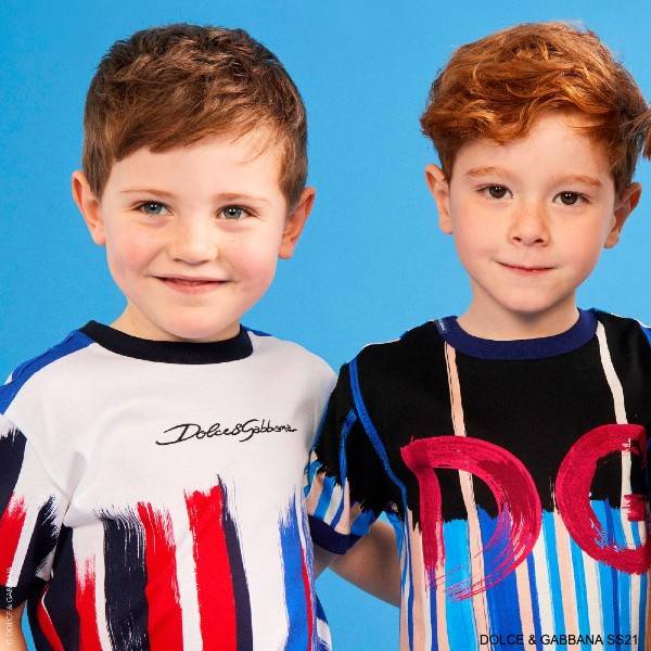 Dolce Gabbana Boys Mini Me DG Blue Red Brush Stroke Striped T-Shirt