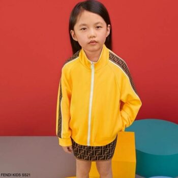 Fendi Kids Girls Yellow Tracksuit Jacket Brown FF Logo Mini Skirt