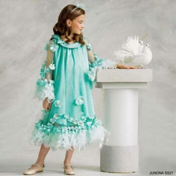 Junona Girls Mint Green Glittery Tulle Diamante Floral Feather Special Occasion Dress