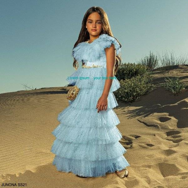 Junona Girls Light Blue Glittery Tiered Tulle Ankle Length Special Occasion Dress