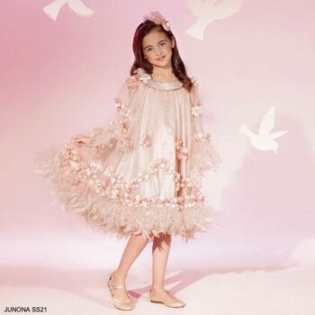 Junona Girls Pale Pink Tulle Diamante Floral Feather Special Occasion Dress