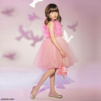 Junona Girls Pink Tulle Feather Special Occasion Dress Purse Set