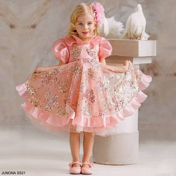 Junona Little Girls Pink Tulle Gold Sequin Butterfly Party Dress