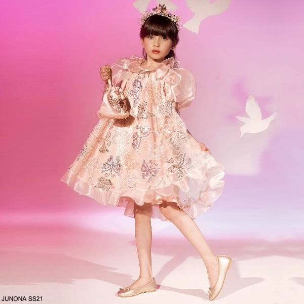 Junona Teen Girls Pink Tulle Gold Sequin Butterfly Special Occasion Dress
