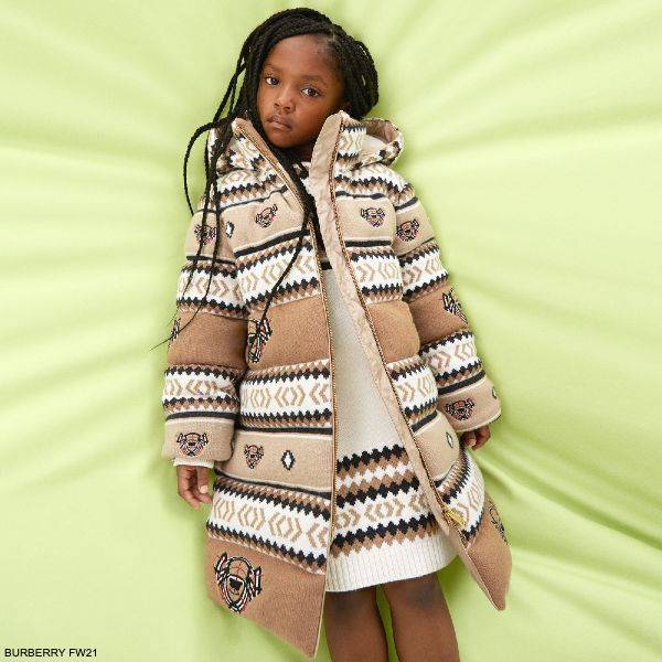 Burberry Kids Girls Mini Me Ivory Brown Fair Isle Teddy Bear Wool Coat Dress