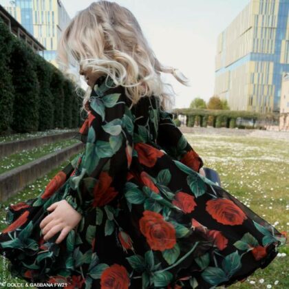 Dolce Gabbana Girls Mini Me Black Red Rose Print Silk Long Sleeve Dress
