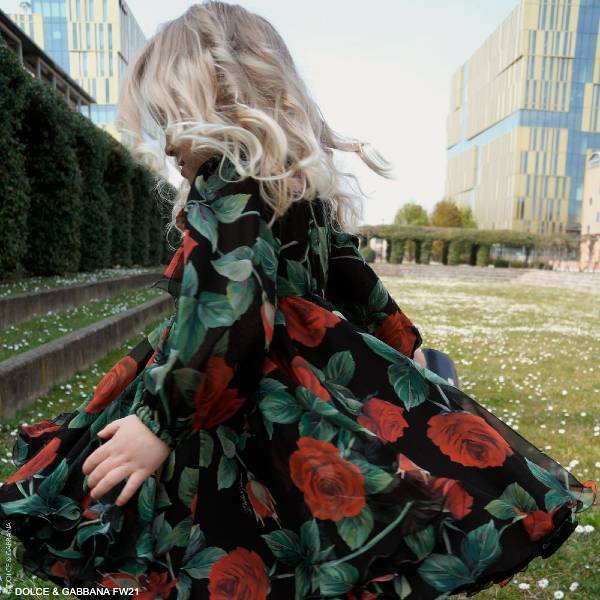 Dolce Gabbana Girls Mini Me Black Red Rose Print Silk Long Sleeve Dress