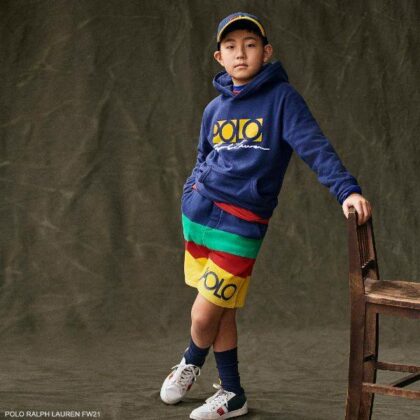 Polo Ralph Lauren Boys Blue Yellow Logo Hoodie Sweatshirt Rainbow Stripe Shorts